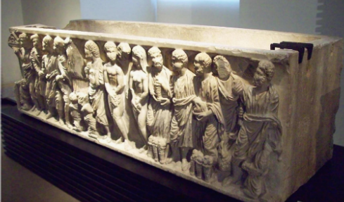 <ul><li><p>Christians believed in resurrection and salvation and this meant they didn’t cremate bodies: people were buried in simple shrouds or if they were wealthy in<strong> Sarcophagi: ancient coffins</strong></p></li><li><p>Scenes of Christs life decorated these</p></li></ul>