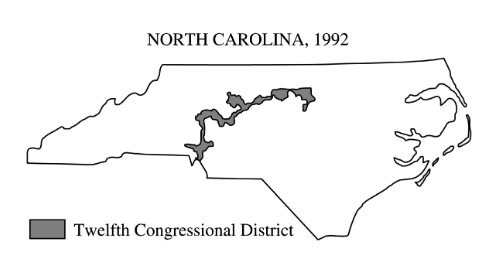 <p><br><span>The shape of North Carolina’s Twelfth Congressional District, shown above, is most likely the result of</span></p>