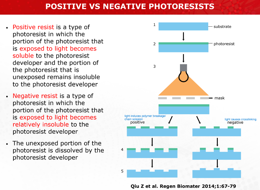 <p><strong>Positive Photoresists | POSITIVE IMAGE OF MASK</strong></p><ul><li><p><strong>Exposure Effect</strong>: Becomes soluble in the developer solution when exposed to light (exposed areas are removed).</p></li><li><p><strong>Resolution</strong>: Generally provides higher resolution due to sharper edges of the developed pattern.</p></li><li><p><strong>Usage</strong>: Preferred for applications requiring fine feature patterning (e.g., IC manufacturing).</p></li><li><p><strong>Chemical Composition</strong>: Contains photosensitive compounds that degrade upon light exposure.</p></li></ul><p><strong>Negative Photoresists | NEGATIVE IMG OF MASK</strong></p><ul><li><p><strong>Exposure Effect</strong>: Becomes insoluble (crosslinks/polymerizes) in the developer solution when exposed to light (unexposed areas are removed).</p></li><li><p><strong>Resolution</strong>: Typically lower resolution due to swelling and merging of exposed areas.</p></li><li><p><strong>Usage</strong>: Used for less demanding applications or thicker film requirements (e.g., MEMS fabrication).</p></li><li><p><strong>Chemical Composition</strong>: Contains photoinitiators that cause polymerization upon light exposure, cross-linking the resist.</p></li></ul><p></p>