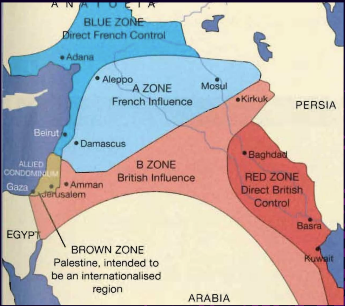 <p>In May of 1916, a secret agreement to divide the Ottoman territory was signed between Britain and France. The agreement supports an independent state in areas A &amp; B, while Palestine was intended to become an international region</p>