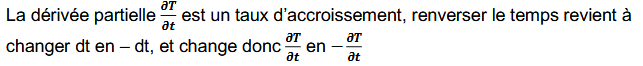 <p>L’équation de diffusion (contrairement à l’équation d’Alembert de propagation),</p><p>n’est pas invariante par renversement du temps</p>