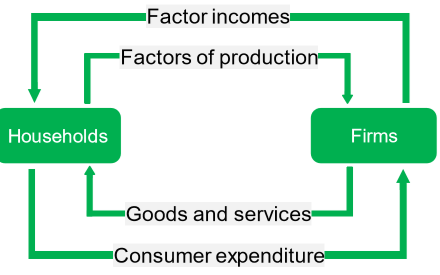 <ol><li><p>households provide resources to businesses </p></li><li><p>firms provide income to households</p></li><li><p>firms use the resources to produce goods and services for households</p></li><li><p>households provide expenditure (spend money) to businesses</p></li><li><p>the cycle repeats</p></li></ol>