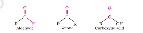 <ul><li><p>Aldehydes (R-CHO)</p></li><li><p>Ketones (R-CO-R’)</p></li><li><p>Carboxylic Acids (R-COOH)</p></li></ul>