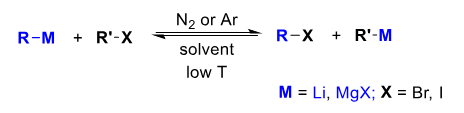 <p>Equilibrium shifted to the right when R’ &gt; R stabilisation of carbocation. i.e. aryl or sp<sup>2</sup></p><p>R-M often an alkyllithium.</p><p></p>