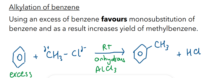 <ul><li><p>Reagents; Anhydrous AlCl3, xs benzene</p></li><li><p>Conditions, RT</p></li></ul><p></p>