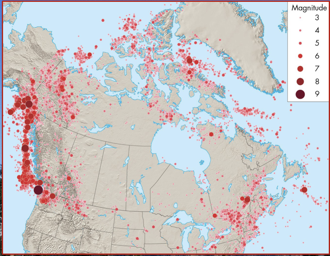  Earthquakes are not randomly distributed.

\
Most earthquakes occur along plate boundaries:

* Pacific ring of fire
* Himilaya mountains
* Middle east 

\
North American cities at high risk of earthquakes:

* Anchorage, Vancouver, Victoria, Seattle, Portland, San Francisco, Los Angeles, Mexico City 

\
However, not all areas at risk of earthquakes are near plate boundaries.