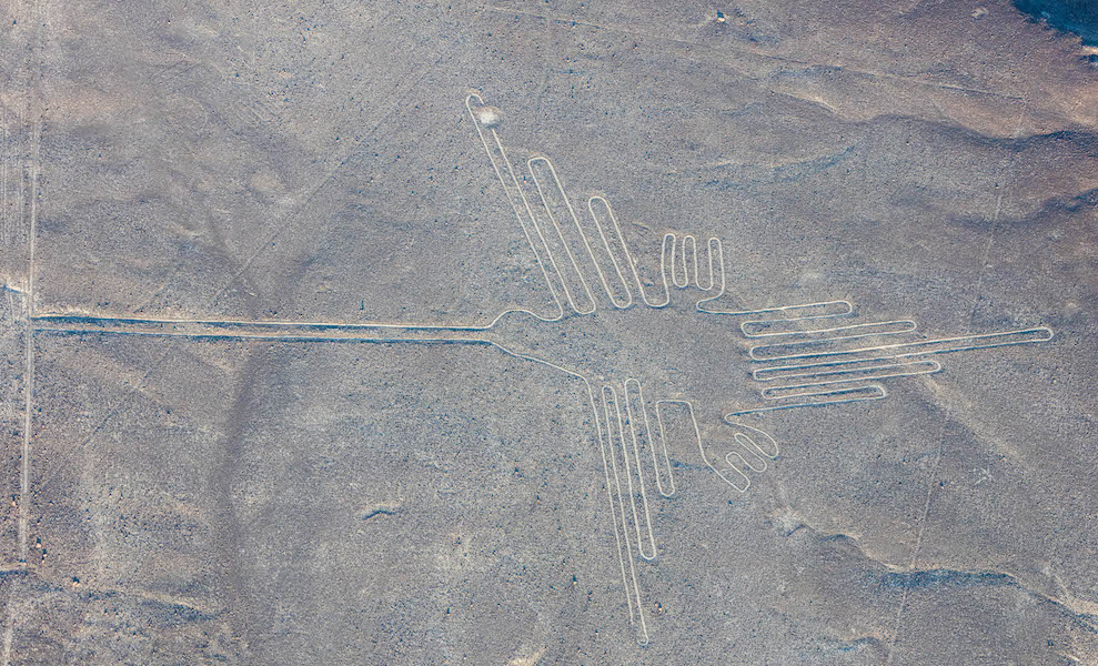 Geoglyphs (hummingbird and spider), 1-700 CE, Nazca Plain, Peru