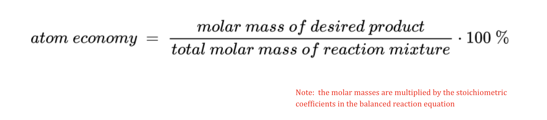 <p>measure of efficiency of a reaction. Based on the singular molar mass of a chosen product against the combined molar mases of all <span>starting materials, catalysts and solvents used in the reaction:&nbsp;</span></p>