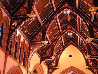 <p>A timber roof system characteristic of English Gothic architecture, featuring short, projecting beams that support the roof rafters</p>