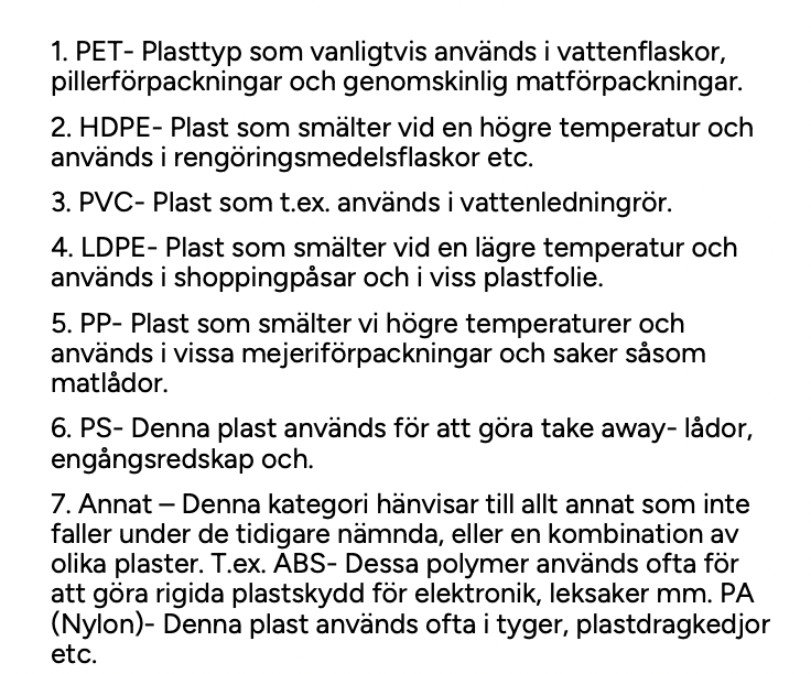 <p>Termoplaster: lätt att återvinna, måste sorteras efter poylmertyp - polyeten/polysturen/pet etc.</p><p>Härdplaster: kan malas och användas som bränsle eller fyllmedel. </p><p>Polymerer är brännbara så de kan även förbrännas för att återvinna energin</p>