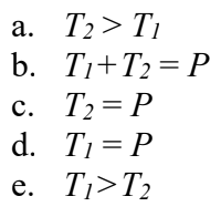 <p>Three boxes are pulled along a horizontal frictionless floor by a constant horizontal pull P. The boxes are connected by very light horizontal strings having tensions T1 and T2 as shown in the figure. Which of the following statements about the tensions is correct? (There could be more than one correct choice.)</p><img src="https://knowt-user-attachments.s3.amazonaws.com/fd6524f9-4013-400e-b9c3-e6b7525e1ffa.png" data-width="100%" data-align="center"><p></p>