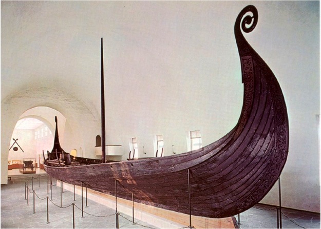 Oseberg longship (and detail), c. 820, southwestern Norway, oak, approx. 70’ x 17’
