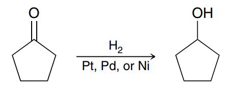 <p>H2 (with Pd, Pt or Ni) (syn addition): alkene bond breaks and 2 H are added across the bond to the same side, no leaving group involved. <br>Reducing ketone or aldehyde into an alcohol</p>