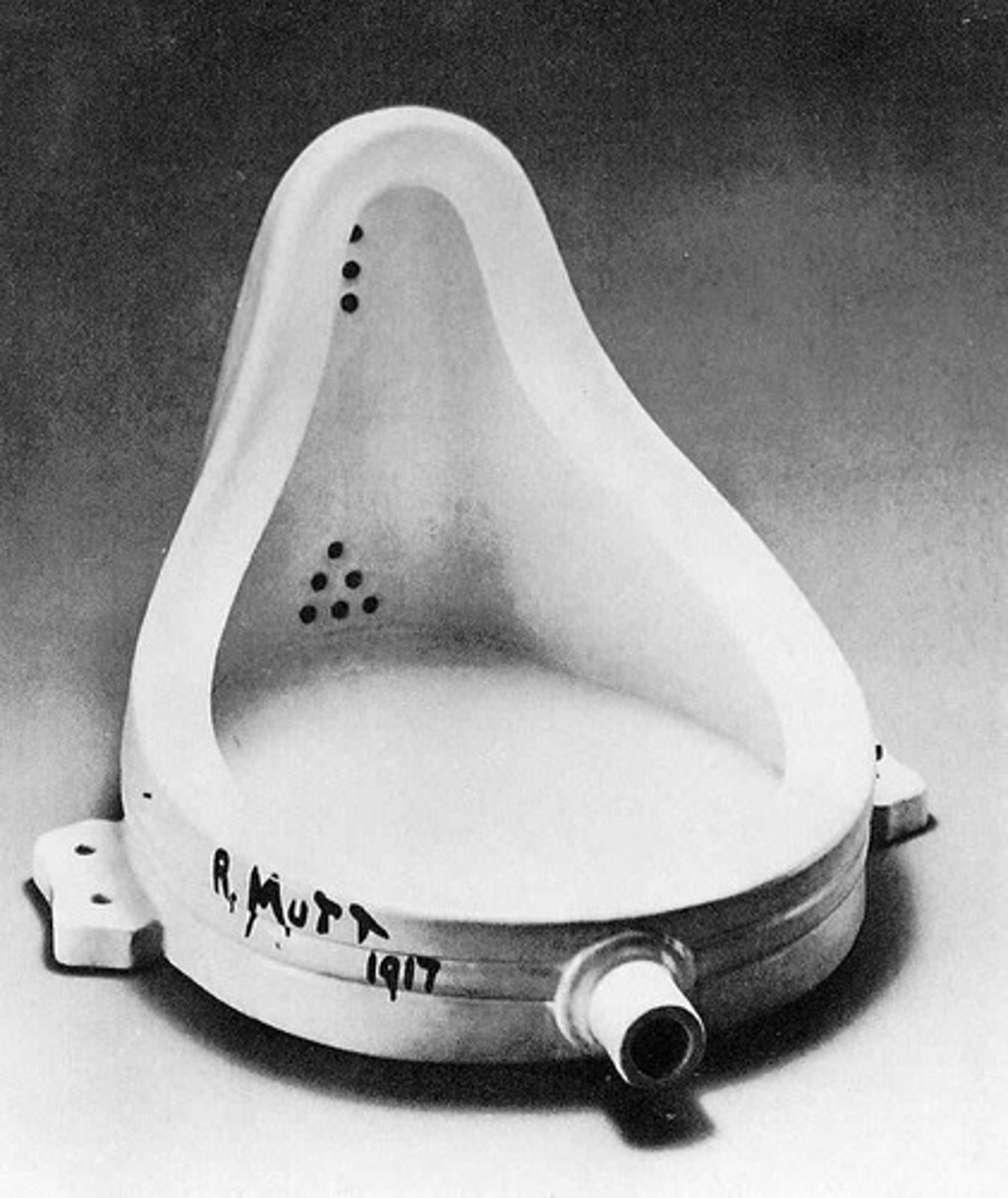 <p>1950 (replica, THIS) and 1917 original, Marcel Duchamp. China with blackpoint. Dada<br>Ready-made object, elevating a found object to art (because the artist said so)<br>URINAL!!! (ewww)<br>Needs to be connected to plumbing to work (NOT CONNECTED, NOT USEFUL)<br>SIDEWAYS, IRONIC<br>Signed with pseudonym (R. MUTT) reference comic strip and iron works company<br>Submitted for exhibition for the show of independent artists, all people who paid got their work displayed<br>NEVER DISPLAYED!? LOSt<br>Deemed by 500 british artists to be the most influential artwork<br>IRONIC! Fountain is a public thing meant to beautify, toilet is a private thing that is dirty<br>Duchamp use of toilet "art is something you piss on" - own the guys</p>