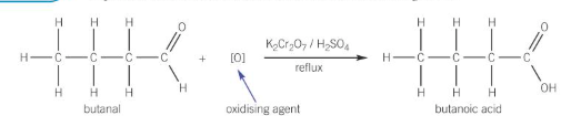 <p>can be oxidised into carboxylic acids by being refluxed with Cr<sub>2</sub>O<sub>7</sub><sup>2-</sup>/ H<sup>+</sup></p>
