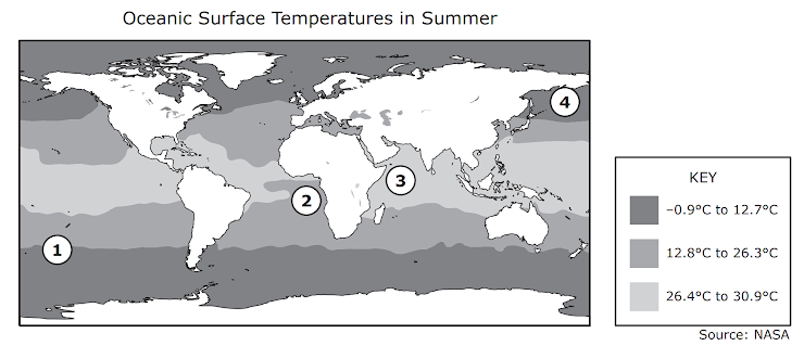 Hurricanes and similar storm systems begin over warm oceans. The map below shows average surface temperatures of the oceans in the summer. Based on the map, which area probably produced the most violent storm systems?