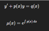 <ol><li><p>Write in standard form</p></li><li><p>compute integrating factor</p></li><li><p>multiply entire equation by mu(x)</p></li><li><p>left side is product rule</p></li><li><p>integrate both sides</p></li><li><p>solve for y</p></li><li><p>apply IC</p></li></ol><p></p>