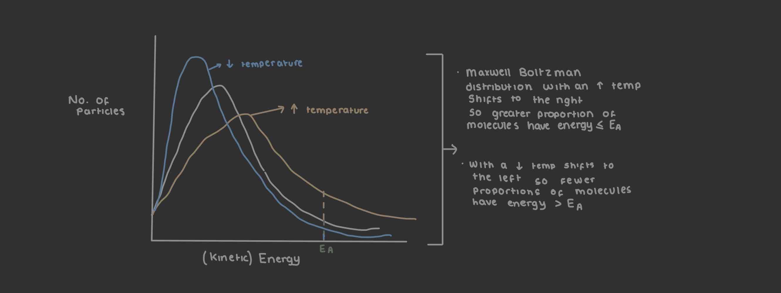 <ul><li><p>Heat substance → thermal energy transferred to it → thermal energy converted to kinetic energy → ∴ molecules move faster → ↑ movement ↑ frequency of collisions with energy ≤ to Ea in a given time → ∴ ROR ↑</p></li><li><p>Cool substance → thermal energy ↓ → ∴ molecules have less kinetic energy → so molecules move slower → ↓ movement → ↓ frequency of collisions with energy ≤ to Ea in a given time → ∴ ROR ↓</p></li></ul>