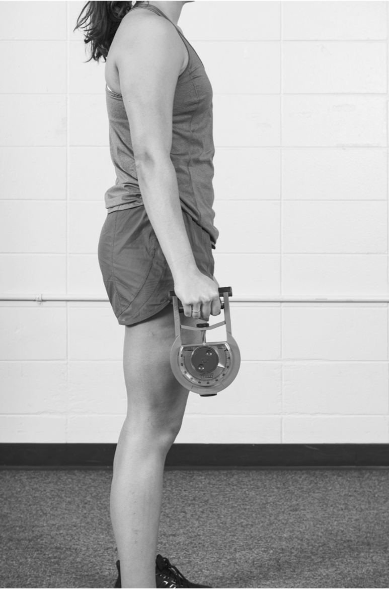 <ul><li><p>Have the client stand up straight for the test</p></li><li><p>Adjust the dynamometer so the second joints of the fingers are under the handle</p></li><li><p>Extend the elbow fully without the arm touching the body</p></li><li><p>Make sure the handle with the dial is facing outwards and it is zeroed</p></li><li><p>Have the participant squeeze as hard as they can for 1 second and record the value in kg </p></li></ul>