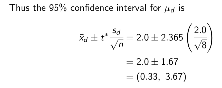 <p><span>Solution: From the data, we calculate</span></p><p><span>n = 8,¯ xd = 2.0, sd = 2.0</span></p><ul><li><p><span>Note that the sample size n corresponds to the number of pairs in the sample.</span></p></li><li><p><span>We also see that t* = 2.365 is the critical value from the t distribution with 7 d.f. corresponding to C = 95%.</span></p></li></ul><p><strong>Interpretation</strong></p><p>Note</p>