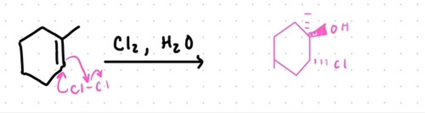 <p>Uses Water and X (X= Cl or Br)<br>OH bond goes to more substituted carbon<br>Anti Relationship<br>Results in an OH and Halogen to be added across an alkene (can form enantiomers)</p>