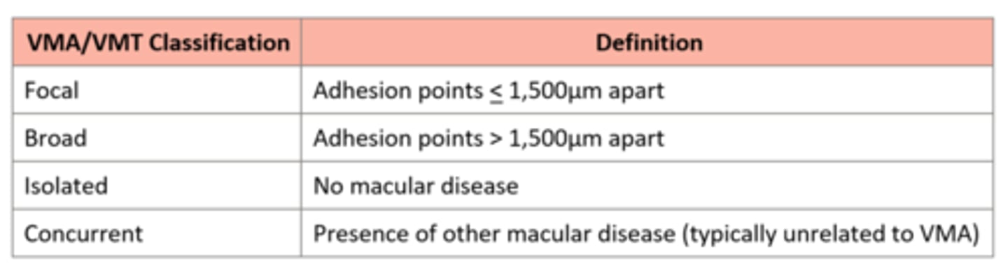 <p>focal = adhesion points =&lt; 1500 microns apart</p><p>broad = adhesion points &gt; 1500 microns apart</p><p>isolated = no macular disease</p><p>concurrent = w/ other macular disease</p>