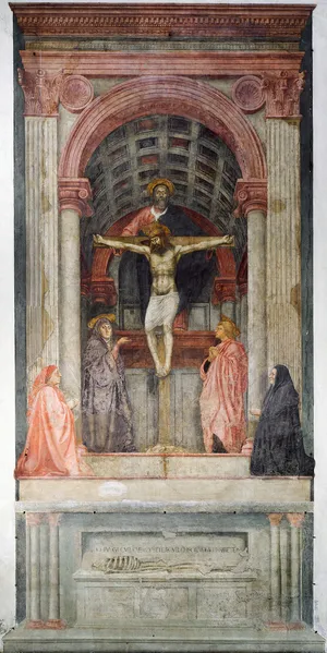 <p>True fresco (21ft high), strong architectural frame, feels as though we’re looking through the wall of a church into a side chapel. Features strong architectural features (Corinthian columns, barrel vault with coffers, ionic columns). Holy Trinity: father, son and the Holy Ghost, God holds the cross and right on his chest is the dove of the holy spirit. At the foot of the cross, the Virgin Mary is on the left and St. John is on the right. Patrons are right on the steps outside the church. ___ has figured out how to utilize single point perspective. Below where the altar would be, there is a stone sarcophagus with a skeleton who seems to be speaking to the viewer.</p>