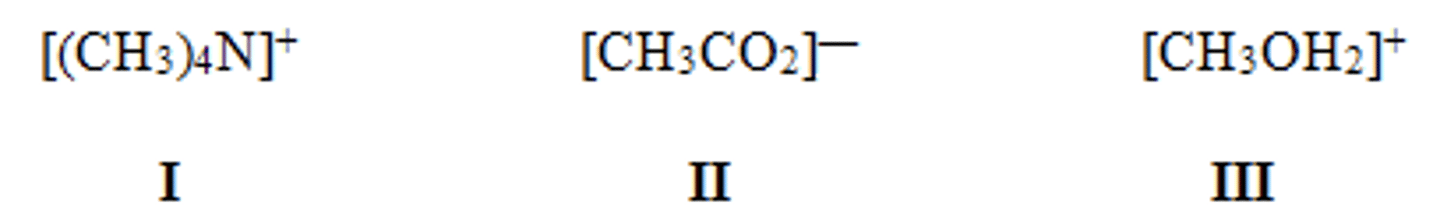 <p>In which of the following ions does carbon have a formal charge?</p><p>A) I</p><p>B) II</p><p>C) III</p><p>D) None of the above</p>