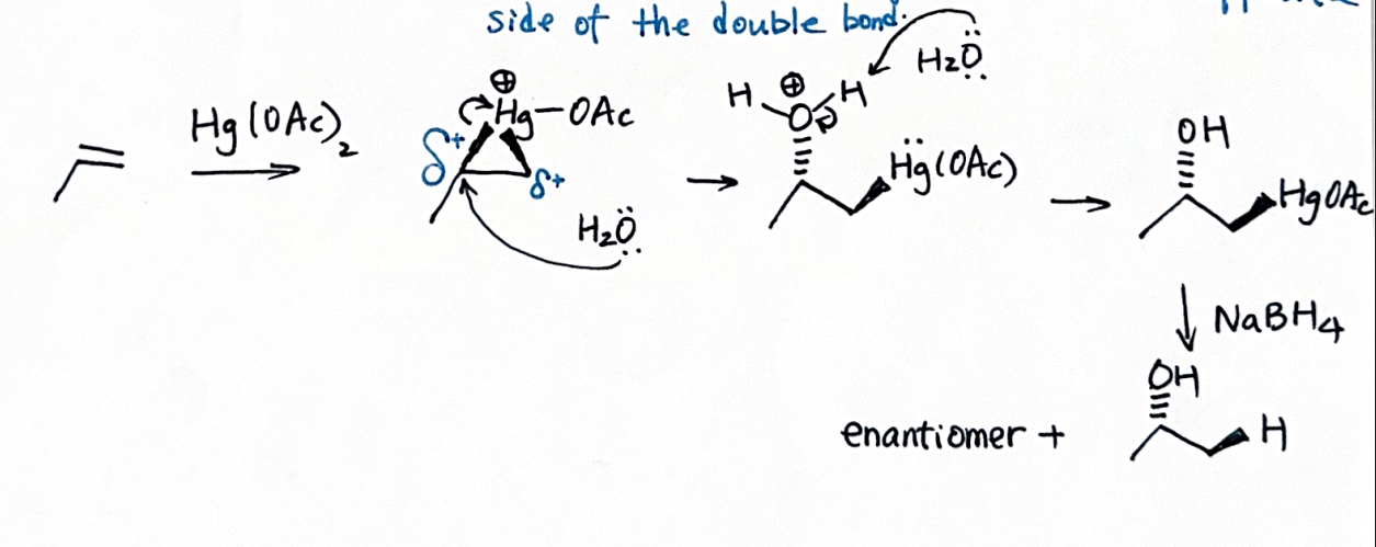 <p>Reagents: Hg(OAc)2/H2O &amp; NaBH4 (reducer)</p><p>Markovnikov addition</p><p>No rearrangement</p><p>Anti-addition (two things add to opp. sides of double bond)</p>
