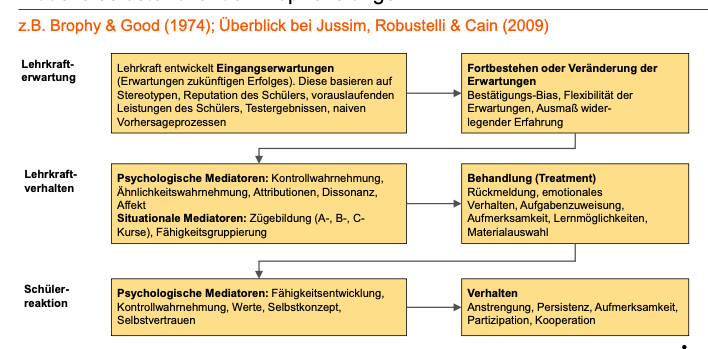 <ol><li><p>Lehrkraft entwickelt Eingangserwartungen</p></li><li><p>Fortbestehen oder Veränderung der Erwartungen</p></li><li><p>Psychologische und Situationale Mediatoren</p></li><li><p>Behandlung (Treatment)</p></li><li><p>Psychologische Mediatoren</p></li><li><p>Verhalten</p></li></ol><p></p><p></p><p></p>