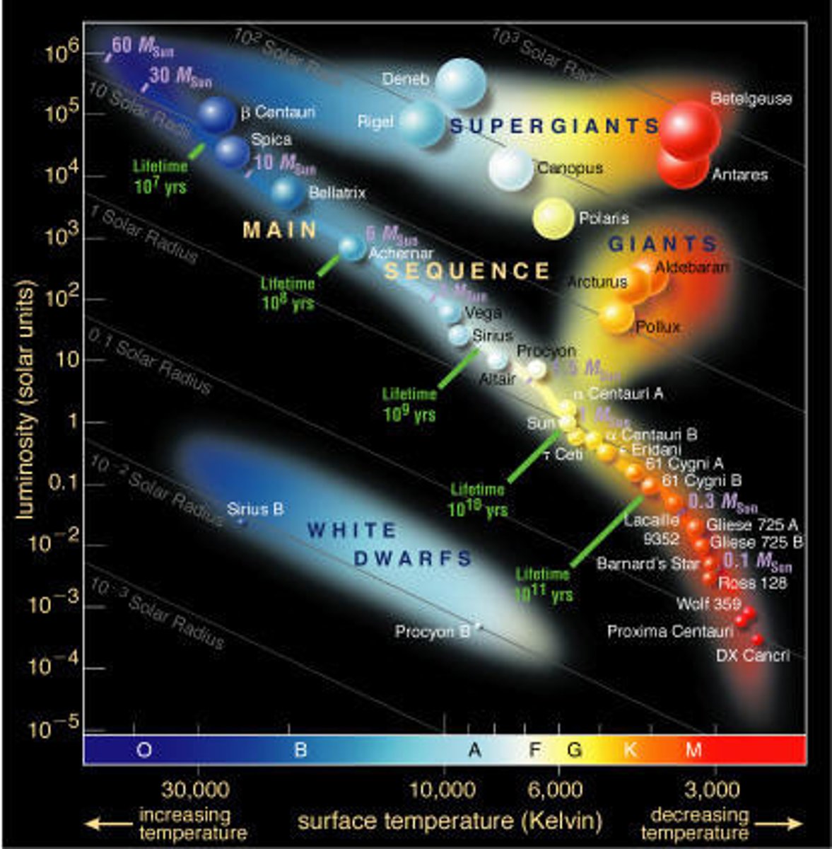 <p>a graph relating the surface temperatures and absolute brightness of stars</p>