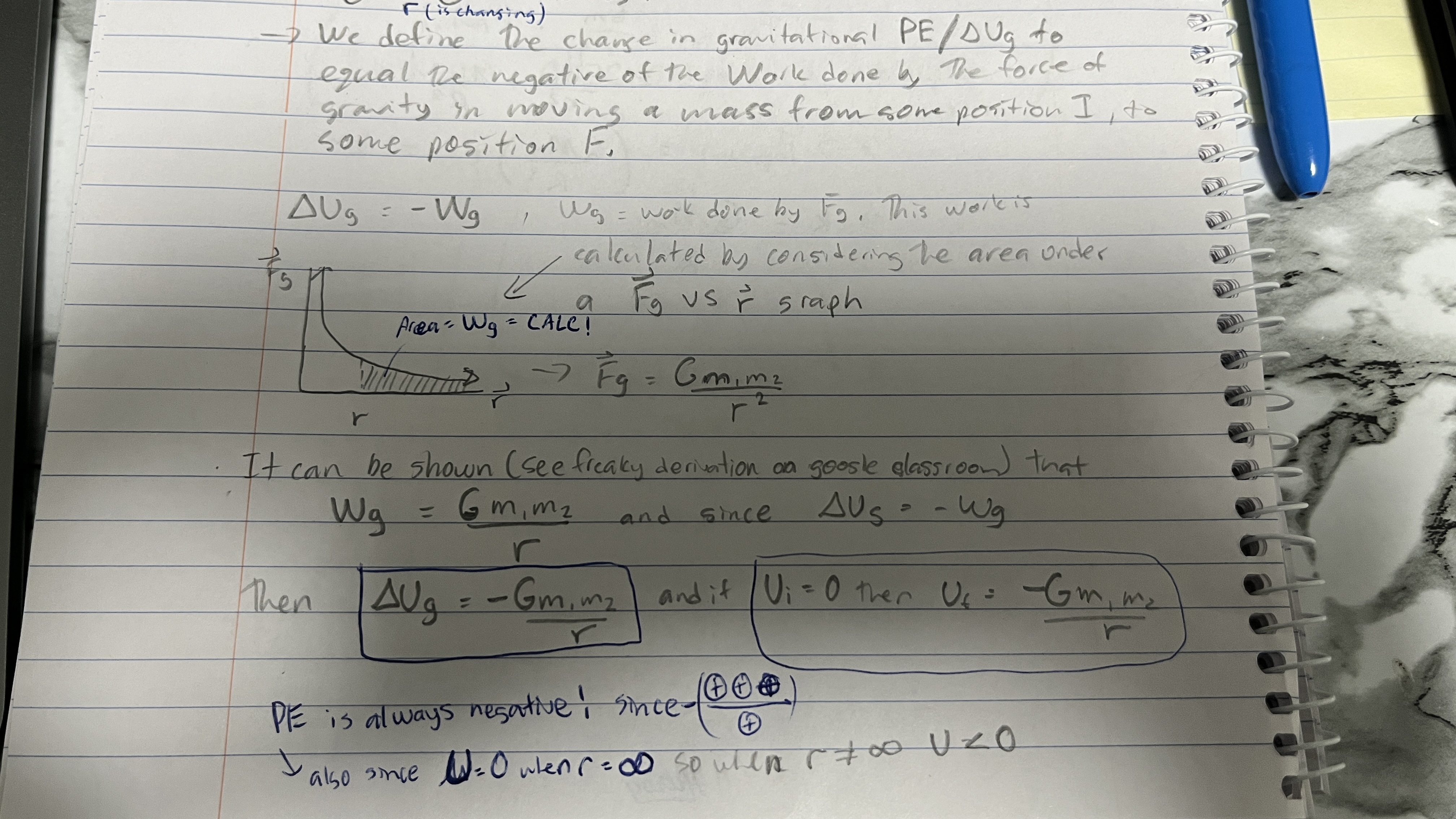 <ul><li><p><mark data-color="#ff3d3d" style="background-color: rgb(255, 61, 61); color: inherit;">Gravitational PE ALWAYS needs a 2 mass system</mark> (kinda like a frame of reference)</p></li></ul><p>—> our old way of PE was always comparing with the earth </p><ul><li><p>gravitational PE is ZERO between two masses when the distance between them is INFINITY <span data-name="flushed" data-type="emoji">😳</span></p></li><li><p>Look at the picture to see what the formula ends up being</p></li></ul><p></p>