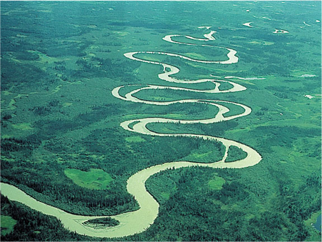 Meanders veranderen steeds van vorm. Bochten in de rivier worden steeds groter (meanderen). In de buitenbocht stroomt de rivier het hardst. Hier treed flinke erosie op.