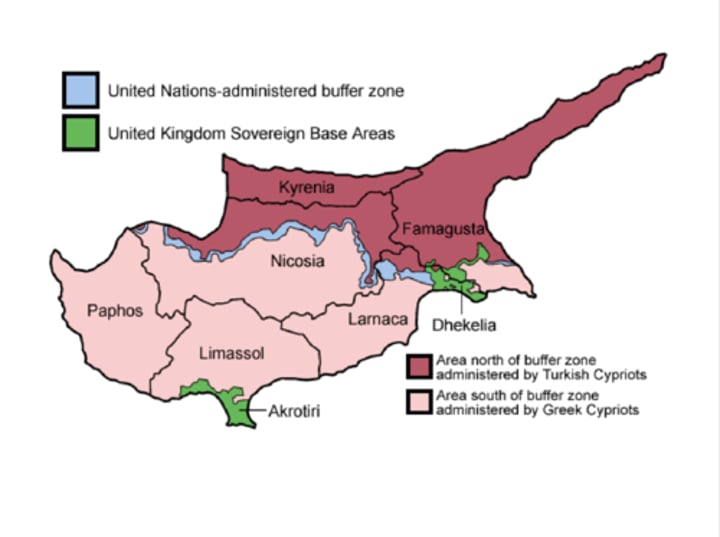 <p>This dispute has been frozen since '74. It's an ongoing dispute between the Greek Cypriot community which runs the Republic of Cyprus in the southern part of the island and the Turkish Cypriot community in the north of the island. The northern part of Cyprus is under de facto control of the Turkish Republic of Northern Cyprus but is not recognized internationally except by Turkey.</p>