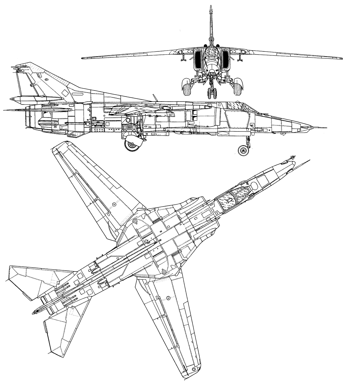 <p>FLOGGER J, MiG-27, МиГ-27 (Chiselled nose, D-shaped intakes, variable sweep wing, Single engine, extended vertical stabiliser)</p>