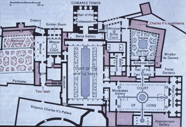 <p>Granada, Spain, begun 9th century CE, renovated mid 13th century, palace where head of state would live with family and administrators. Like a Citadel (Mycenae) on top of a hill, high windows, battered walls, crenellations, and walls become narrower near entrance (like Mycenae). “Tower of Justice”</p>