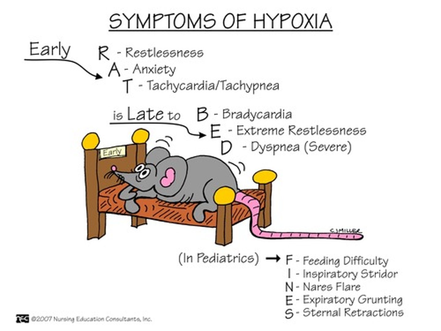 <p><strong>S/S of Early</strong>:</p><p>-Tachypnea</p><p>-Tachycardia</p><p>-Restlessness (ENGAGE)</p><p>-Pallor</p><p>-Increased BP</p><p>-Use of accessory muscles</p><p>-Nasal flaring</p><p>-Tracheal tugging</p><p>-Adventitious lung sounds</p><p>-Dyspnea</p>