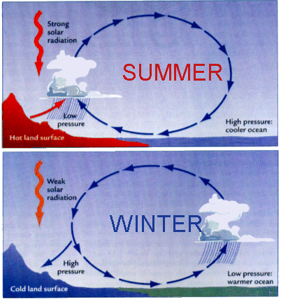 <p>A seasonal reversal of wind direction associated with large continents (especially Asia) caused by differential heating of land vs. water</p>