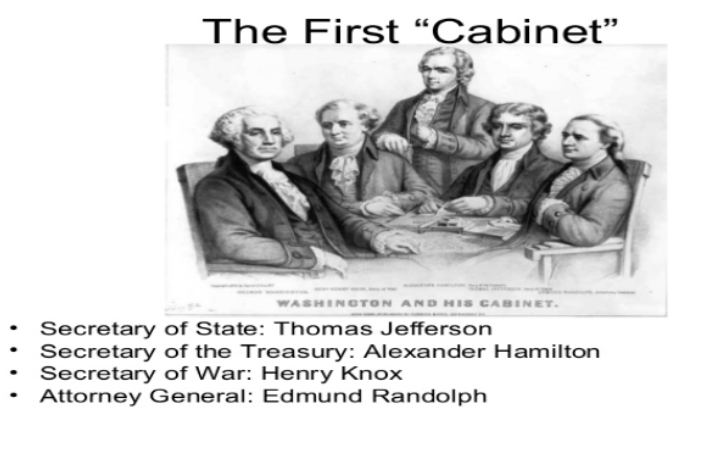 <p>Secratary of State - Thomas Jeffeerson</p><p>Secretary of the Treasury - Alexander Hamilton</p><p>Secretary of War - Henry Knox</p><p>Attorney General - Edmund Randolph</p>