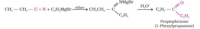 <ul><li><p>Nitrile is treated with <strong>Grignard reagent</strong> followed by <strong>hydrolysis</strong>, yields a ketone</p></li></ul>