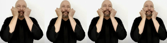 <p>“a” handshape, circular motion at face</p>
