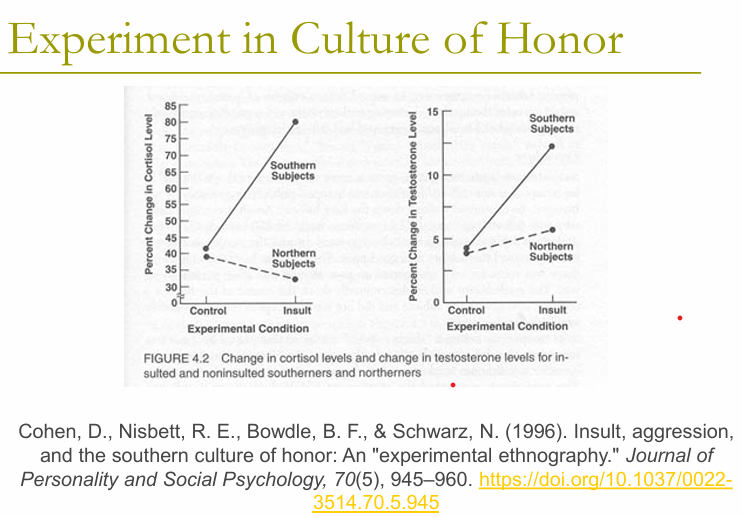 <ul><li><p>Background:</p><ul><li><p>Northerners and southerners put through fake test and were disrespected by a confederate</p></li><li><p>Measures: cortisol, testosterone, self-reports</p></li></ul></li><li><p>Results:</p><ul><li><p>southern subjects’ change in cortisol &gt; northern subjects</p></li><li><p>southern subjects change in testosterone &gt; northern subjects</p></li></ul></li></ul><p></p>