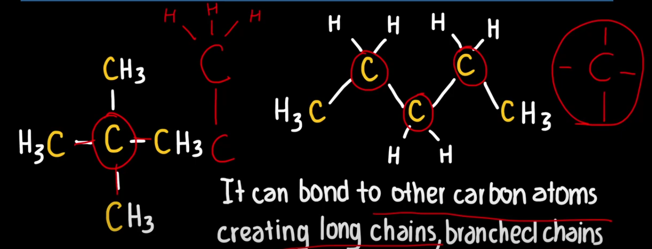 <p>Is a atom that has four valence electrons, and in order for it to feel stable it must have 8 valence electrons, so it is able to easily form four strong covalent bonds with other atoms.</p><p>Due to this it can bond to other carbon atoms creating long chains, it can create branched chains, and a diversity of molecular shapes.<strong> (Due to its rule that it can have four covalent bonds)</strong></p>