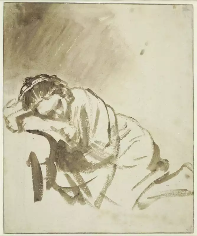 <p><span>In Rembrandt's drawing </span><em>A Young Woman Sleeping</em><span>, what creates the impression of a wall behind the woman?&nbsp;</span></p>