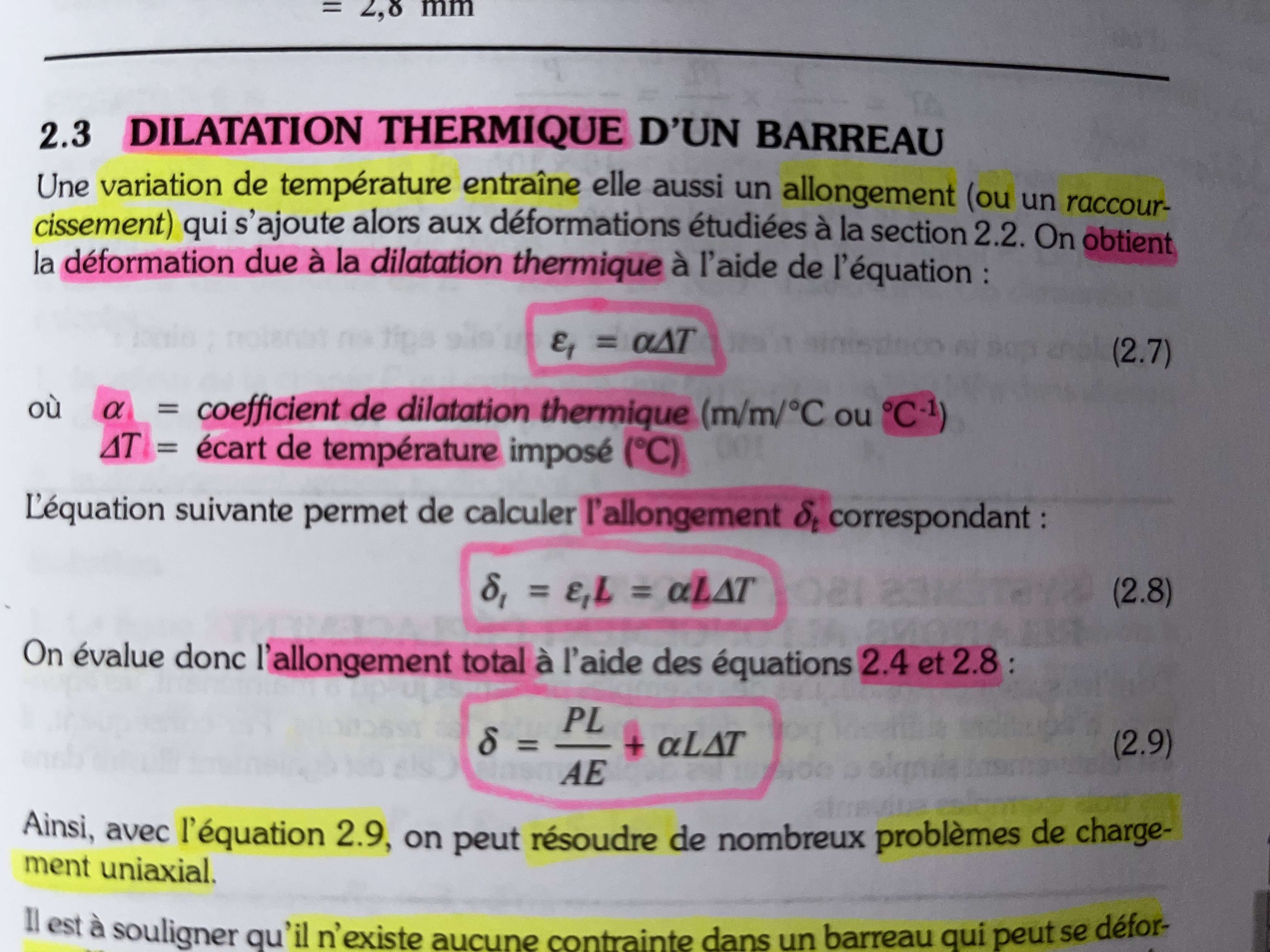 <p>-la déformation due à la dilatation thermique n’a pas d’unité de mesur car c’est un rapport. (deg. celsius* deg. celsius)</p><p>alpha: coefficient de dil. therm. U=(deg. Celsius^-1)</p><p>delta T: deg. celsius</p>