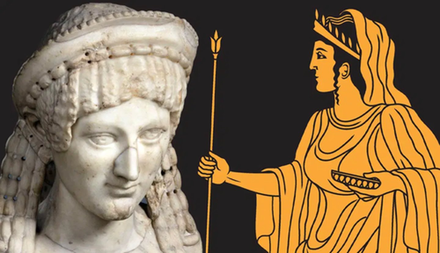 <p>Wears a diadem</p>