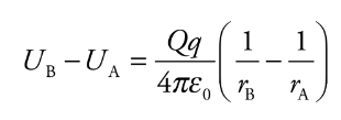 <p>Consider the electric field created by a point source charge Q. If a charge moves from a distance rA to a distance rB from Q, then the change in the potential energy is: Ub and Ua = electrical potential energies for a and bra and rb = distances for a and be0 = permeability of free space</p>