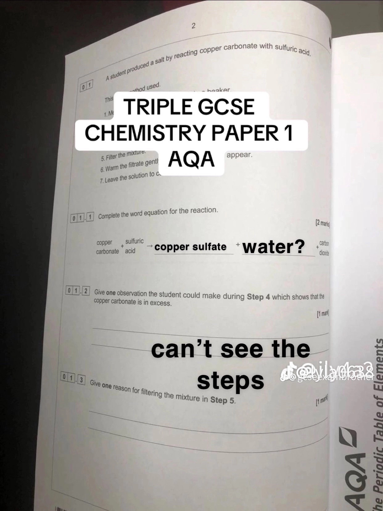 <p>01.1 complete word equation</p><p>Copper carbonate + sulfuric acid —&gt; ____ + __</p>