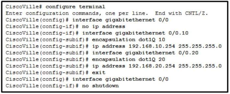 <p>Refer to the exhibit. A network administrator has configured router CiscoVille with the above commands to provide inter-VLAN routing. What type of port will be required on a switch that is connected to Gi0/0 on router CiscoVille to allow inter-VLAN routing?</p><p>routed port</p><p>access port</p><p>trunk port</p><p>SVI</p>