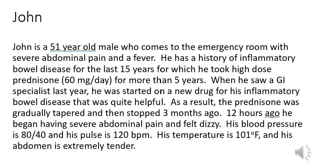 <ol><li><p>What diagnosis should be suspected in John?</p></li><li><p>What is the basis for this diagnosis and why would this condition develop now? </p></li><li><p>What tests should be done to evaluate endocrine function? </p></li></ol><p></p>